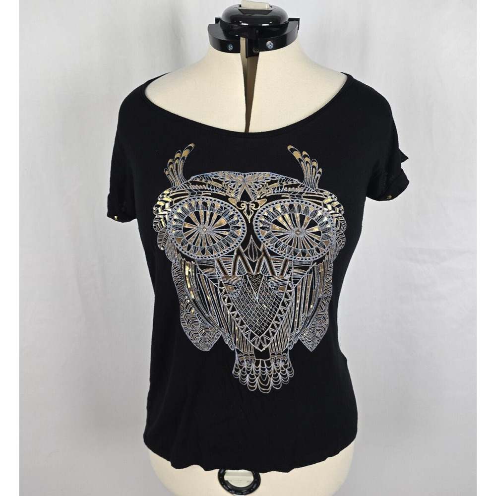 Daily Special T-Shirt Women's XL Black Silver & Gold Owl Short Sleeves Graphic